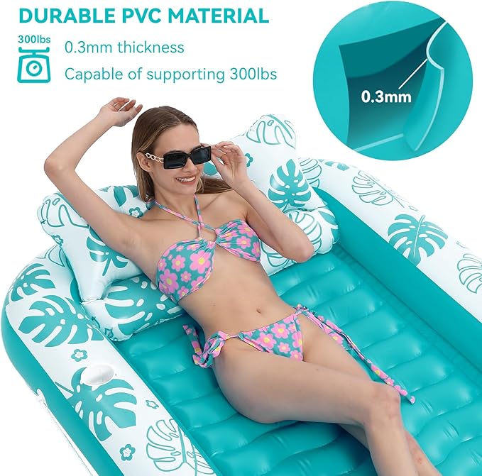 Inflatable Tanning Pool Lounger Float with Cervical Pillow - Pool Floats Adult for Sunbathing, Backyard, Pool Party - Inflate Ball Pit for Babies - Kids Swimming Pool Bed
