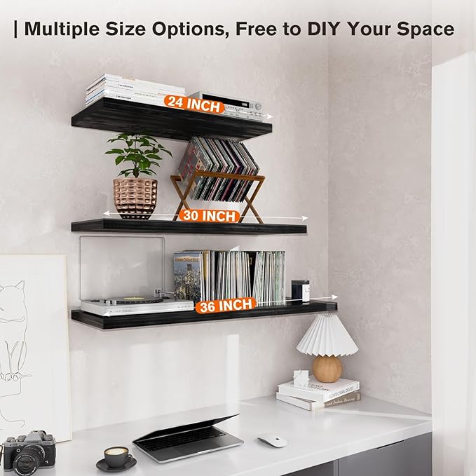 Wall Shelf Set of 3,Dark Wood Floating Shelves 30 in W x 10 in D x 1 in H, Wooden Floating Wall Shelf with Invisible Brackets for Living Room/Bedroom/Bathroom/Kitchen Storage and Decor