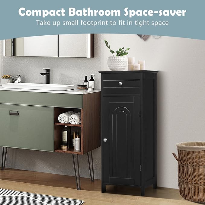 COSTWAY Bathroom Storage Cabinet, Single Door Floor Cabinet with Drawer and 3-Level Adjustable Shelves, Modern Side Storage Organizer with Anti-Tipping Device for Living Room, Bedroom (Black)