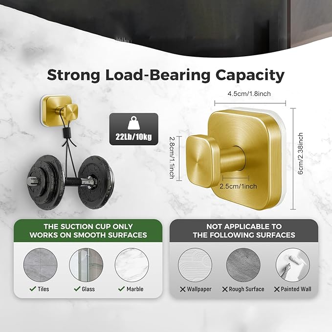 2Pcs Square Suction Cup Hook, 304 Stainless Steel Shower Hook, Removable Suction Cup Knob for Shower, Bathroom, Kitchen, Glass Door, Mirror (Gold)