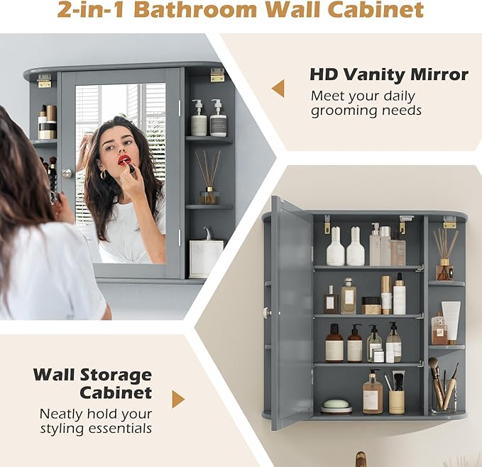 RELAX4LIFE Bathroom Wall Cabinet with Mirror - Medicine Cabinet w/Door & Open Shelves, Over The Toilet Storage Cabinet Organizer, Mirrored Bathroom Cabinet Wall Mount (Grey)