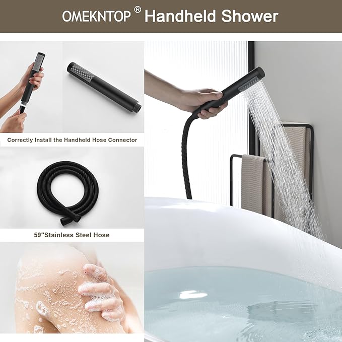 Freestanding Bathtub Faucet, Matte Black Floor Mount Tub Filler, Modern Freestanding Tub Faucet with 360 Swivel Gooseneck Spout and Handheld Shower, Standing Tub Faucet for Bathroom