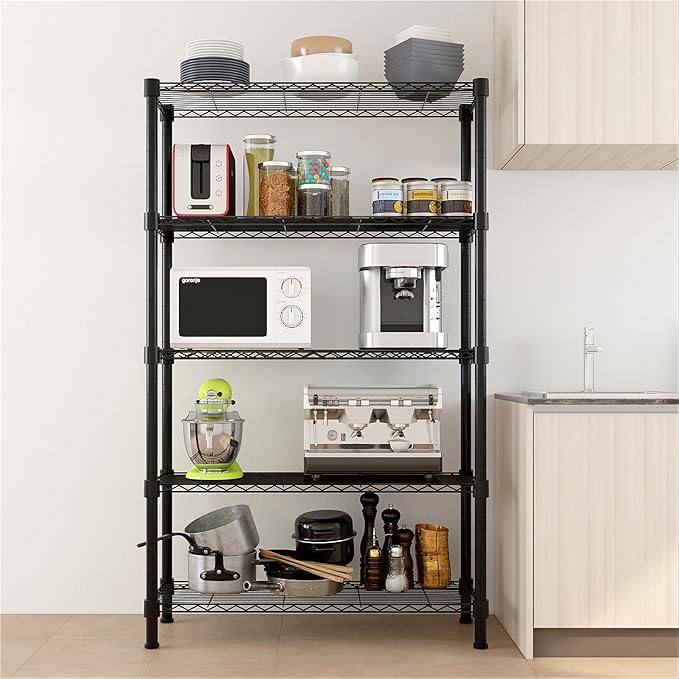 5 Tier Storage Racks Shelving, Heavy Steel Pantry Shelves, Adjustable Wire Shelving Rack, Suitable for Garage, Kitchen, Bathroom, Office, 35" W x 14" D x 71" H, Black