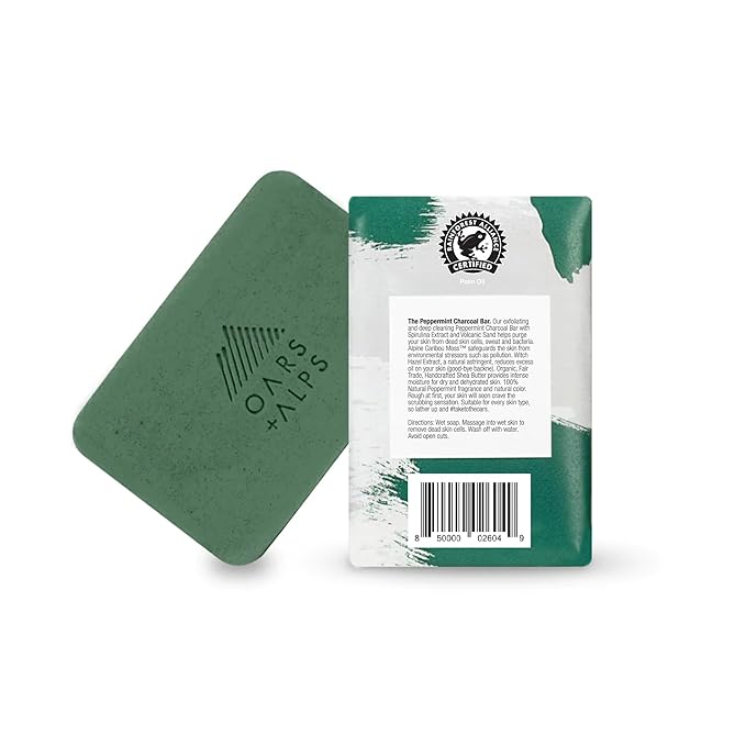 Oars + Alps Peppermint Charcoal Exfoliating Bar Soap for Men, Deep Cleaning & Exfoliating Soap, Made with Clean Ingredients, All Skin Types, Cruelty Free, Paraben Free, Travel Size, 3pk, 6oz