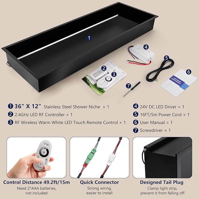 36" X 12" Stainless Steel Shower Niche, LED Shower Niche No Tile Needed with 3000K LED Warm Light Recessed Shower Wall Shelf for Bathroom Storage, with Remote Control, Matte Black