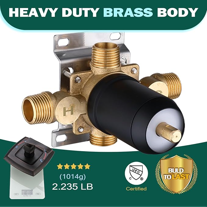 2 Way Shower Diverter Pressure Balance Mixing Valve with Single Handle Matte Black Shower Trim Kit, Dual-Function Shower Control Brass Rough-In Mixer 1/2" NPT Connection
