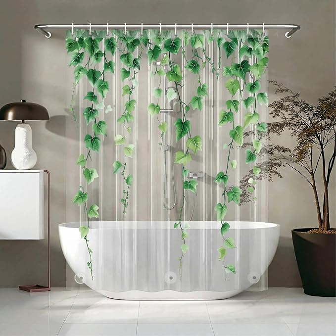 Clear Green Ivy Leaves Shower Curtain Liner, Transparent Plastic Nature Green Botanical Leaf Decorative Waterproof Shower Curtains for Bathroom, 72x78 Weighted Magnetic Shower Curtain Liner with Hooks