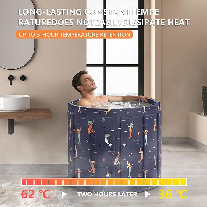 Portable Bath Tub for Adult, Foldable Soaking Bathtub for Hot SPA&Ice Bath, Foldable Small Bathtub Collapsible Tub for Bathing, Quick Setup No Installation (25.9X31.5 IN, Blue Fish)
