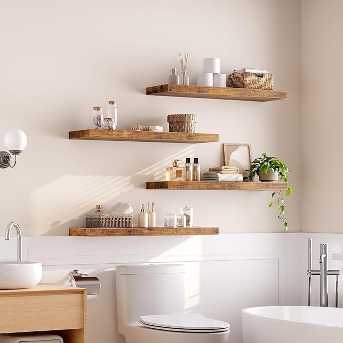 Floating Shelves for Wall, 1.5" Thick Wall Shelf Set of 4 with Invisible Brackets, 31.5 x 7.9W Hanging Shelves Farmhouse Home Decor for Bathroom, Living Room, Bedroom, Rustic Brown 8301BJP4BF