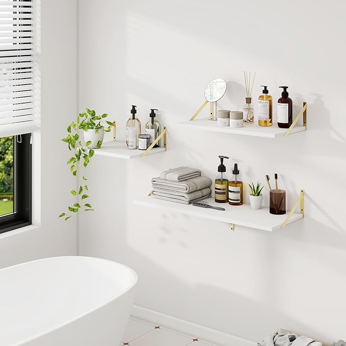 Dreamland Gold Shelves for Wall, White Wood Wall Mounted Shelves, Large Floating Shelf 12 * 24 inch Set of 2 for Bookshelf Living Room Bedroom Home Office Bathroom