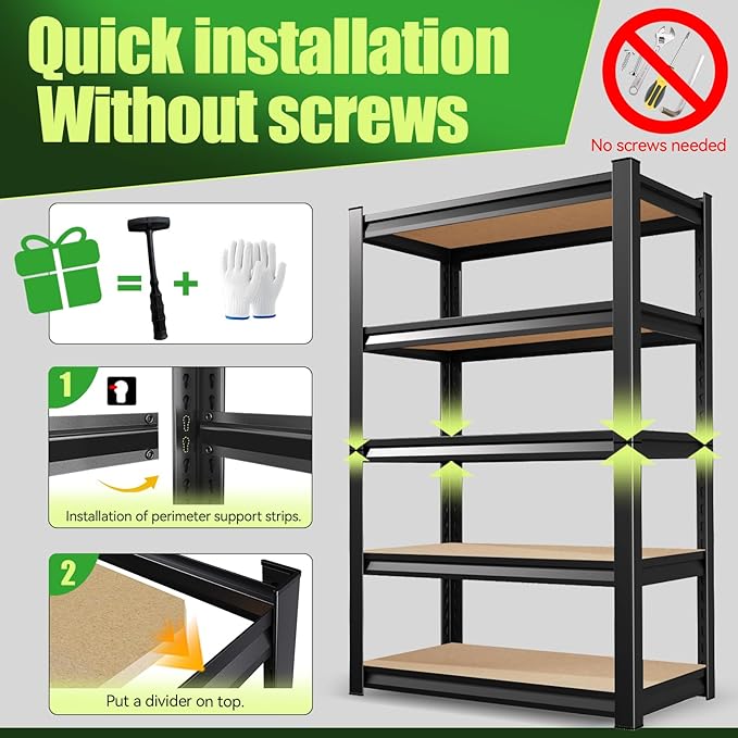 72" H*46" W Garage Shelving,Heavy Duty Garage Storage Shelves,Metal Shelving Unit,5 Tier Adjustable Steel Utility Shelf,Use for Basement,Warehouse, Pantry Closet,Black (72" H*46" W*19.7" D)