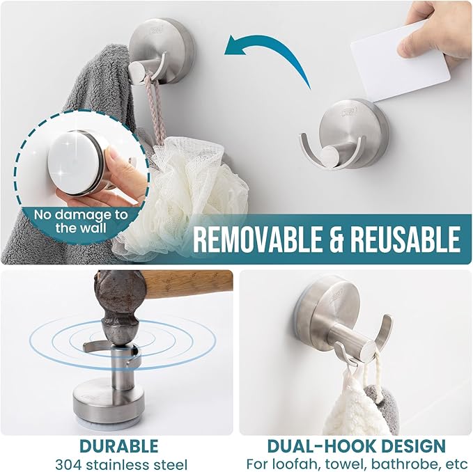 TAILI Stylish 304 Stainless Steel Bathroom Suction Hooks for Towel, Bathrobe, Loofah, No Damage Hanging Glass Shower Wall Hook, Patented Strong Suction Cup Holder, Hold Up to 11 Lbs, U-Cylinder Silver