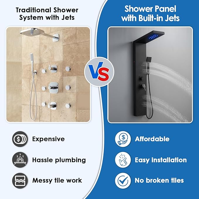 ROVOGO 46.5"H x 7.8"W Shower Panel Tower System with LED Lights, Rainfall Waterfall Shower Head, 4 Body Jets, Handheld Shower and Tub Spout, Stainless Steel Shower Column, Black