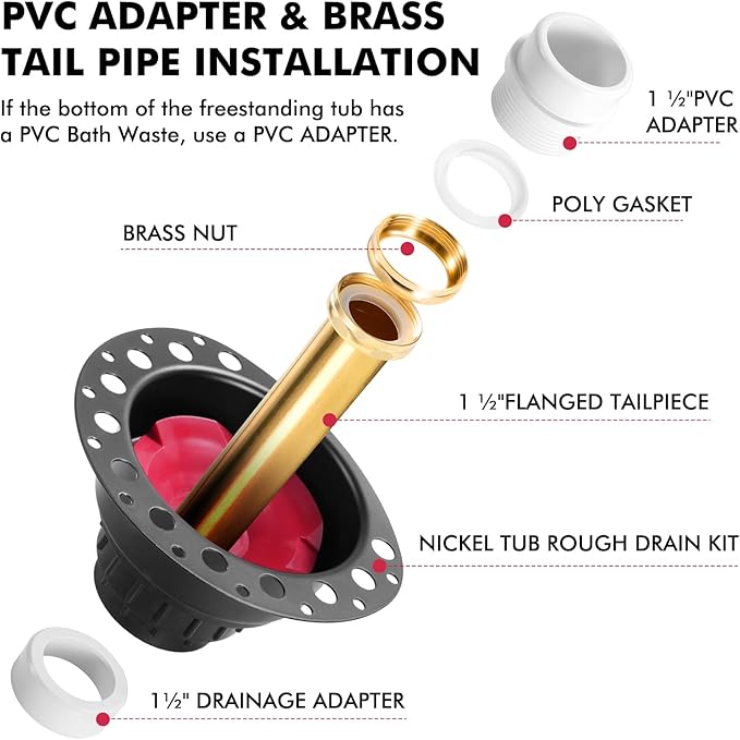 Freestanding Tub Drain Rough-in Kit, Bathtub Drain Kit with PVC Adapter and Brass Tail Pipes, Compatible with Free Standing Bathtubs, Copper Bathtub and Floor Mounted Bathtub