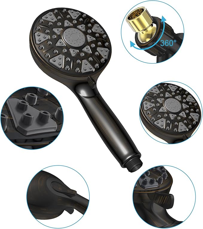 Shower Head With Handheld 7 Settings High Pressure, Built-in Power Wash, 5" High Powerful Hand Held Rain Showerhead with Stainless Steel Hose and Adjustable Bracket (Oil Rubbed Bronze)