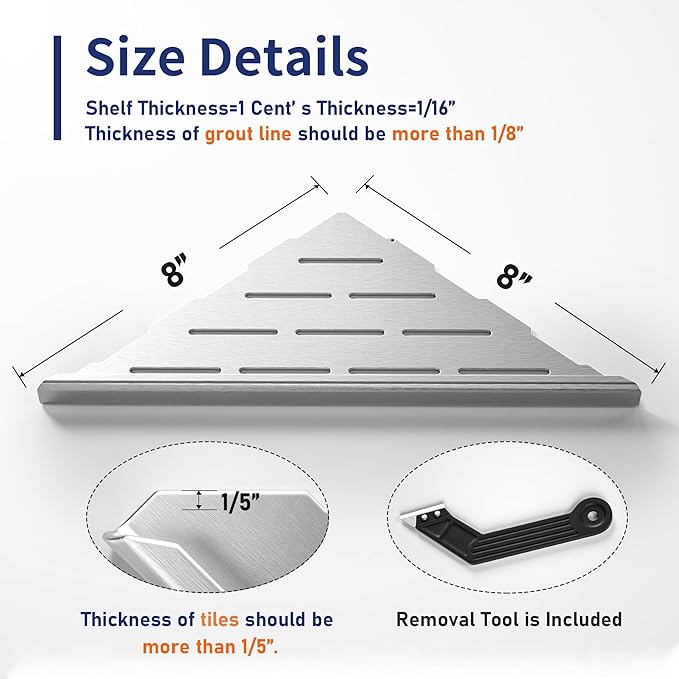 8'' Corner Shower Shelf 2PCS, 304 Stainless Steel Recessed Bathroom Shelves for Tiled Wall, Grout in Shelf, No Drilling Needed (8'', Silver)