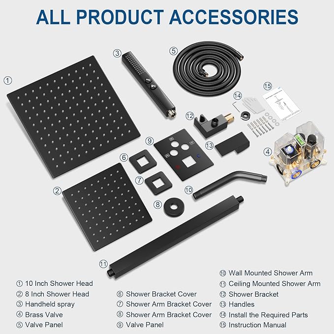 Shower Faucet Set Matte Black Shower System, Ceiling Mount 10 Inch Shower Head With Wall Mount 6 Inch Shower Head and 2 in 1 Handheld Spray, Push Button Diverter Shower Valve Trim Kit Complete