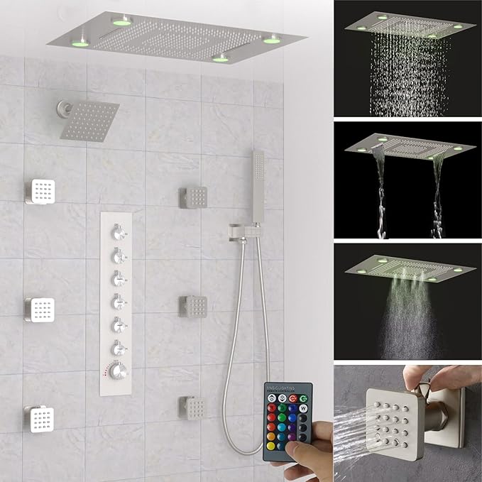 24x32 LED Dual Head Shower System 24"x32" Ceiling Mount Shower Head Thermostatic Shower System Rainfall Shower Set with 6 Inches Shower Head and 6 Body Jets High Pressure Shower Handheld