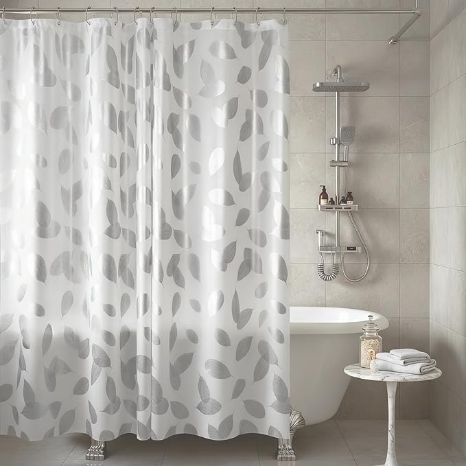 Plastic Shower Curtain Liner, Waterproof Printed PEVA Shower Curtain with Design, Silver Leaf Pattern, Rustproof Grommets, Standard Size 70x72 Bathtub Curtain for Bathroom (Pack of 1)