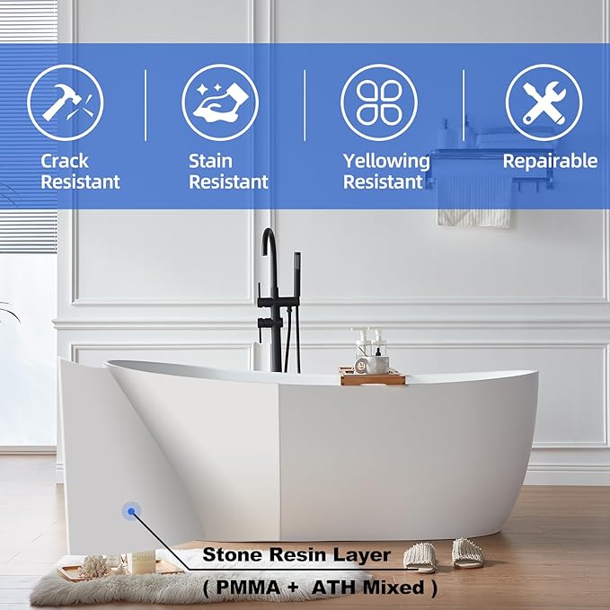 Cpingao 63" Stone Resin Solid Surface Freestanding Bathtub, Modern Stand Alone Soaking Tub with Overflow and Pop Up Drain, One-Piece Molding Matte White 8828-1600