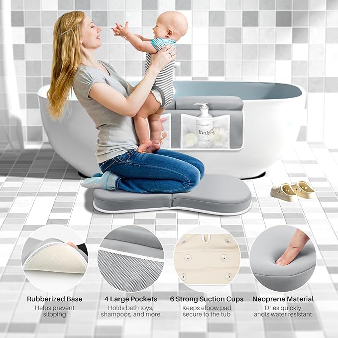 Bath Kneeler and Elbow Rest Pad Set, 1.6'' Extra Thick Bath Support for Knees and Elbows, Memory Foam Bath Mat with Toy Organizer Pockets, Quick-Dry Kneeling Pad for Bathing Baby Grey