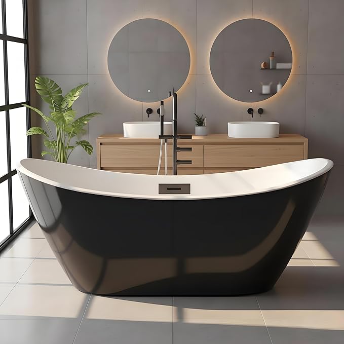 Freestanding Bathtubs 59 inch Black and White Acrylic Free Standing Soaking Tub, Modern Freestanding Tub with Integrated Overflow, Ideal for Family Bathrooms