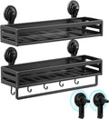 Shower Caddy Suction Cup, 15.8 inch 2 Pack Suction Shower Shelf with Hooks NO-Drilling Bathroom Holder, Rustproof Bathroom Organizer, Black,Includes 2 Extra Suction Cups for Replacement Use