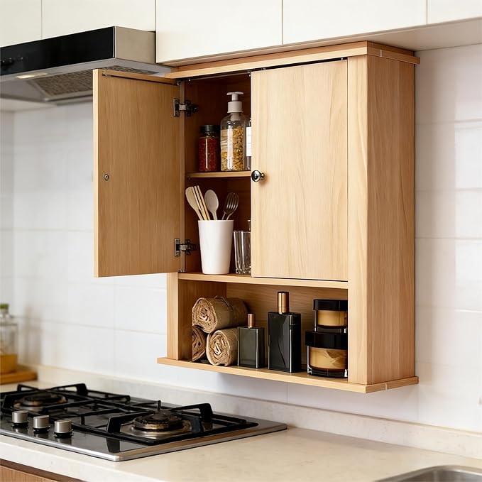 Bathroom Cabinet Wall Mount, Over The Toilet Storage Cabinet, Medicine Cabinet with 2 Doors, Bathroom Storage Cabinet, Upper Storage Cabinets for Kitchen Laundry Room (Nature)