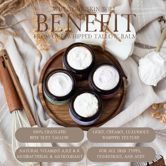 Rose-infused 100% Grass-Fed Whipped Tallow Balm-Organic Jojoba Oil, Rosehip Oil, Face and Body Moisturizer for Dry, Sensitive Skin, Eczema (ROSE-INFUSED)