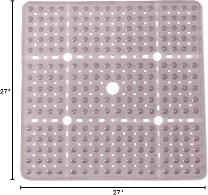 ENKOSI Large 27 x 27 inch Square Non-Slip Shower Mat - Anti Slip Shower Stall Mat for Elderly and Young - Durable Shower Mat with Strong Secure Suction Cups and Drain Holes (27x27 Clear Grey)