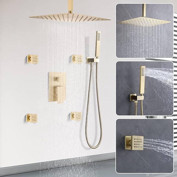 Enga Brushed Gold Rain Shower System with 4 Body Shower Jets 12inch Ceiling Mount Rainfall Shower Head & Handheld, Multi Shower Head System Rain Shower Faucets sets Combo with Rough-in Valve