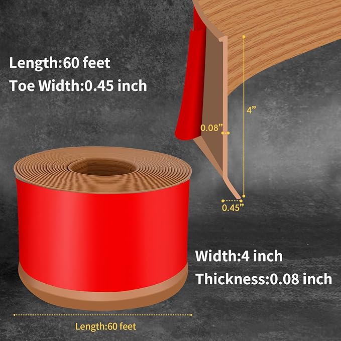 Flexible Baseboard Molding Trim 4 Inch Self-Adhesive Vinyl Wall Base Peel and Stick Cove Base Rubber Wall Baseboard Moulding Trim (60Ft, Yellow Oak)
