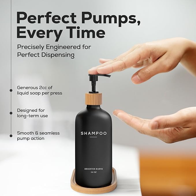 Black Shampoo and Conditioner Dispenser Set by Brighter Barns - Body Wash, Shampoo Dispenser for Shower with Pump - Refillable Plastic Shower Soap Dispenser for Bathroom Decor in Home, Airbnb (Black)