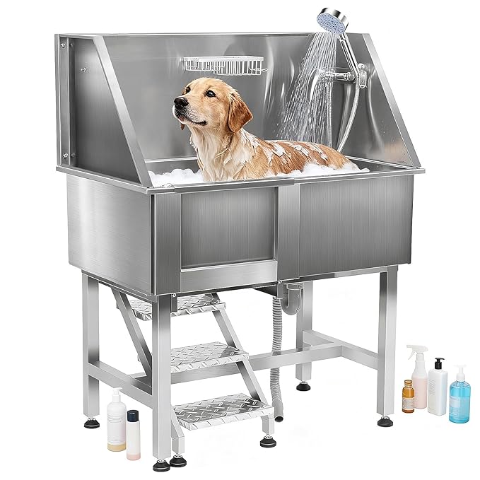 Dog Grooming Tub 38inch Stainless Steel Dog Bathing Station with Non-Slip Steps Faucet for Small to Large Pet up to 220lbs – Pet Wash Tub for Home Grooming Use