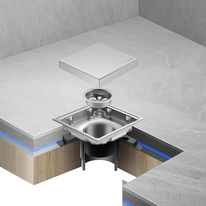 Hidden Brushed Square Shower Floor Drain, Silver 4 inch, 304 Stainless Steel, with Flange, Detachable Cover Embedded with Ceramic Tiles