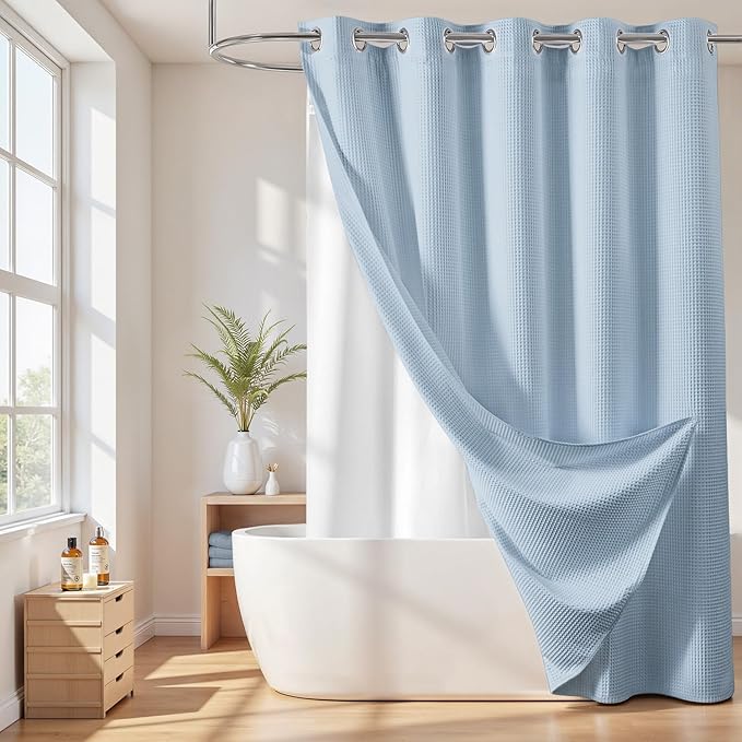 River Dream Cotton Blend Shower Curtain with Snap in Liner, Light Blue No Hook Shower Curtains for Bathroom, Hotel Grade, Water Repellent, 71" W x74 L