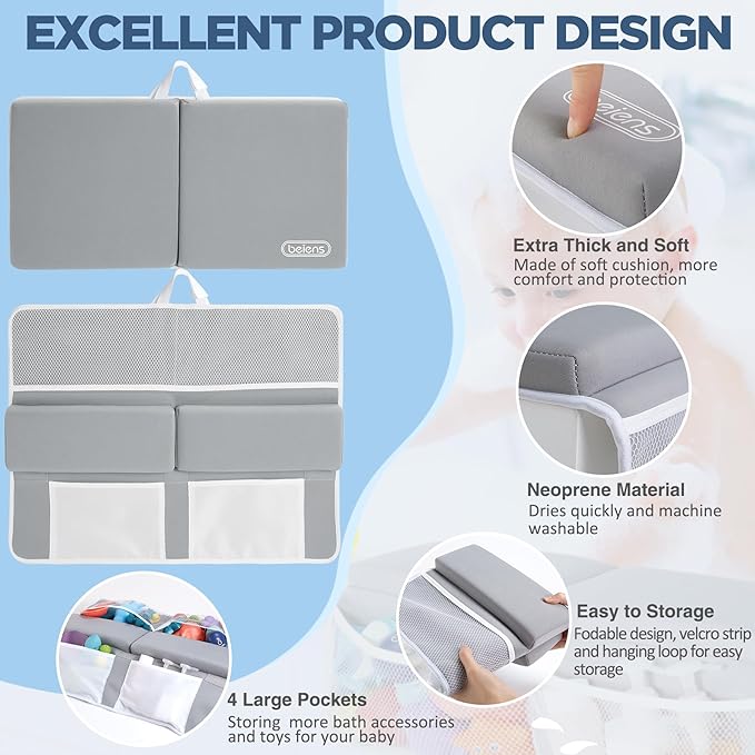 beiens Bath Kneeler and Elbow Rest Pad Set - 1.5'' Comfortable Baby Bath Kneeler Pads, Thick Quick Dry Kneeling Pad Support for Knee& Arm, Large Bathtub Mat with Toy Organizer for Happy Baby Bath Time