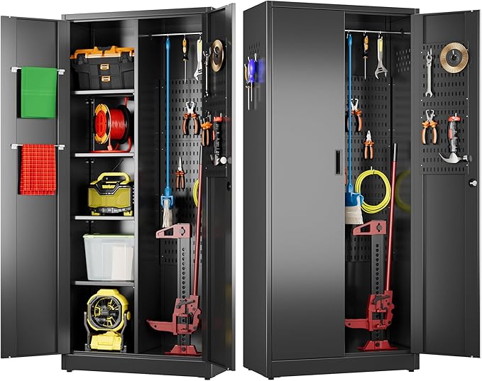 Aobabo Broom Closet Storage Cabinet, Lockable Garage Storage Cabinet for Home Garage, 71.37" H×33.93" W×16.92" D, Assembly Required, Black