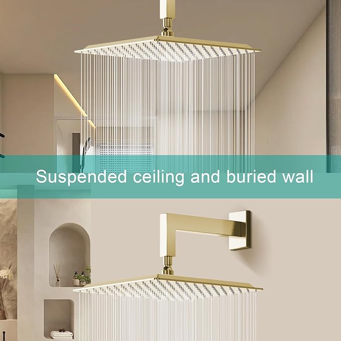 Square Rain Shower Head, High Flow Stainless Steel,Work with any decorative style，All Metal Rainfall Shower Head (Brushed Gold, 12)