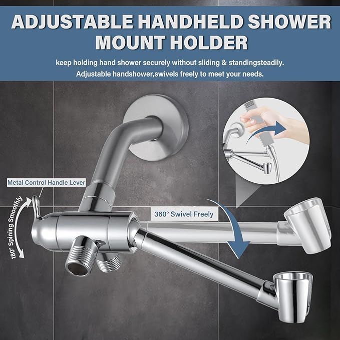 YDmeet All Metal Shower Diverter Valve with HandShower Holder - Upgraded 3 Way Shower Head for Handheld and Fixed Rain Showerhead - Universal G1/2 Bathroom Part, Polished Chrome