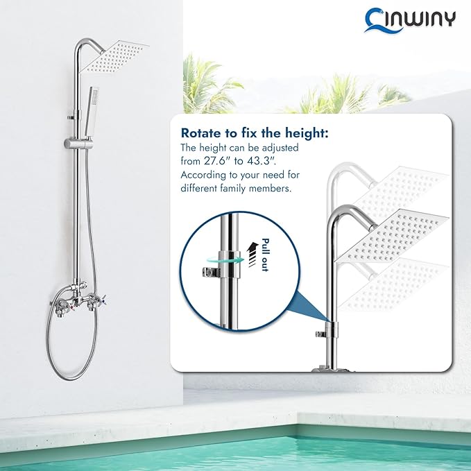 Wall Mount Outdoor Shower Kit Polish Chrome 6" Square Rainfall Shower Head with Hand Held Spray Double Cross Handles with Adjustable Slide Bar Exposed 2 Function Shower Faucet Fixture