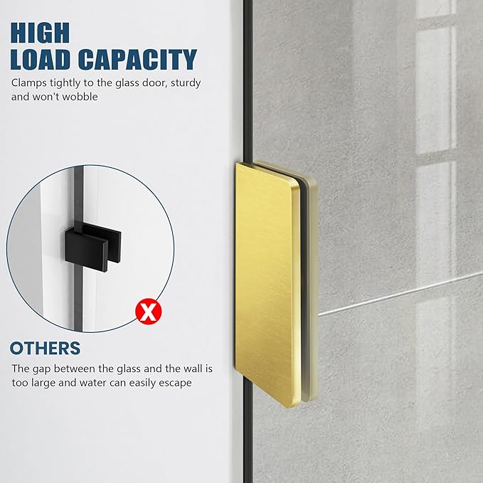 Frameless Shower Door, 36" W ×78" H Fixed Shower Glass Panel with Clamps, 3/8" (10mm) Glass Shower Doors, Clear Tempered Bathroom Shower Screen in Brushed Gold