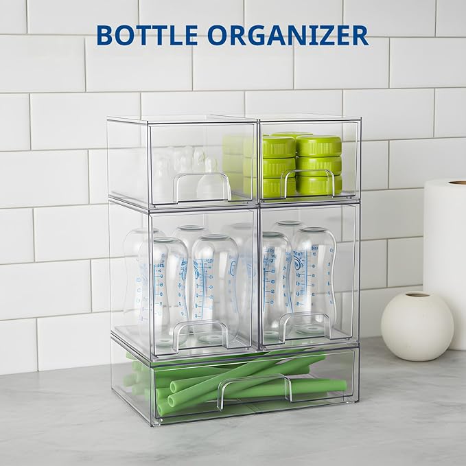 Stackable Storage Drawers Set of 5 Pack, Clear Bottles Organizer for Baby Bottle, Cosmetics, Acrylic Organizers and Storage for Bathroom,Vanity, Pantry, Cabinet, Kichen Countertop