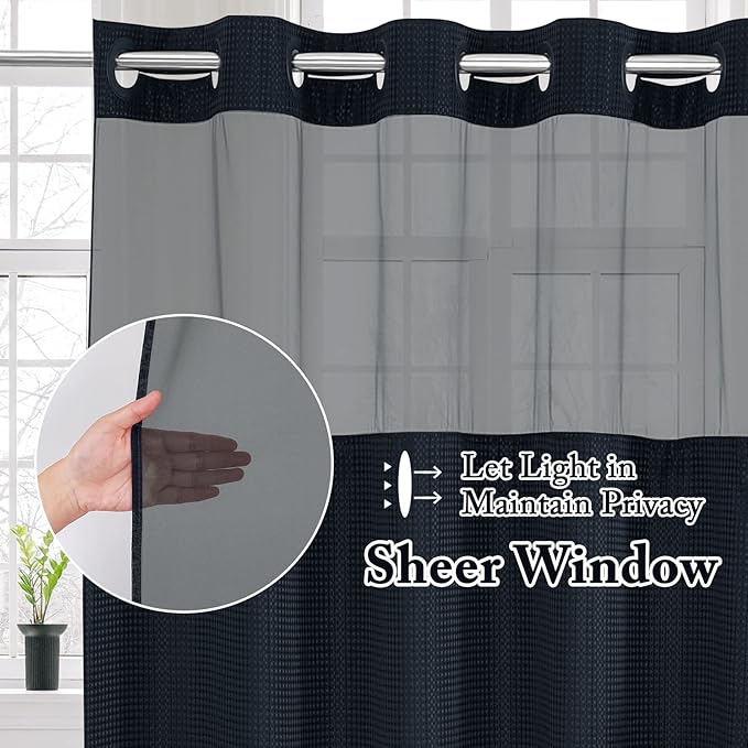 Gibelle Long Shower Curtain 72x80, Waffle Weave Bathroom Shower Curtain with Snap-in Fabric Liner Set, No Hooks Needed, Hotel Style with Mesh Top Window, Navy Blue