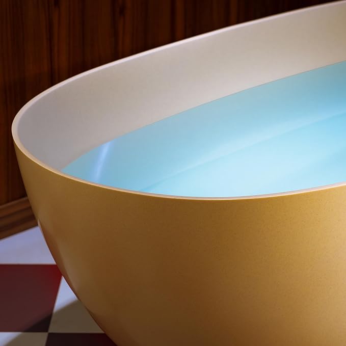 WOODBRIDGE 61-1/4" L x 30-3/4" W Stone Resin Luxury Contemporary Solid Surface Freestanding Soaking Bathtub in Cream with Two Drain Covers Included