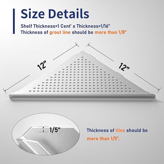 Corner Shower Shelf, 304 Stainless Steel 12" Brushed Recessed Bathroom Shelf, Grout in Shelf for Tiled Wall, Large Size