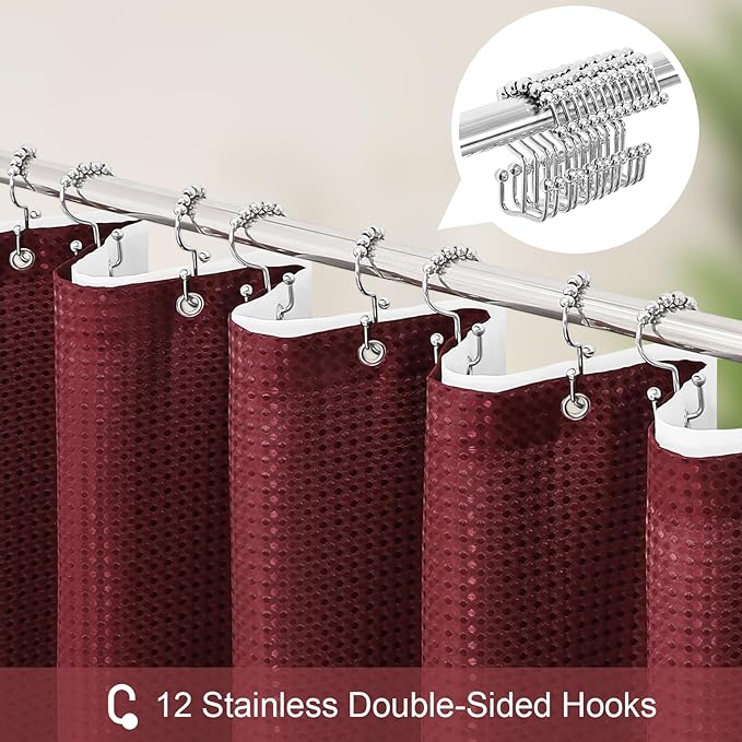 3 in 1 Long Burgundy Shower Curtain Set-72 W x 78 H, Modern Waffle and PEVA Liner Set with 12 Stainless Steel Hooks, Waterproof Fabric for Bathroom