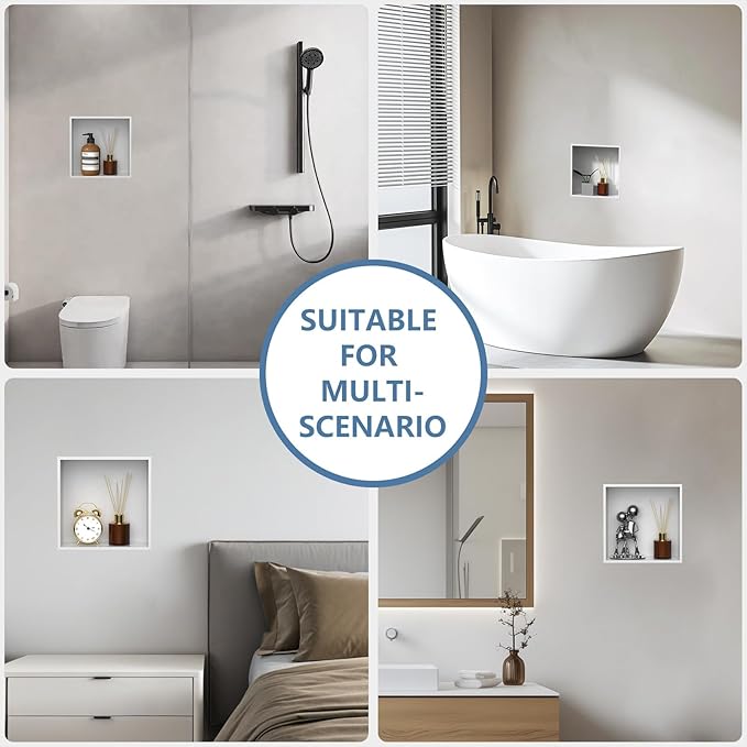 Homevacious 12“ x 12" x 4" Stainless Steel Shower Niche No Tile Needed White Bathroom Shelf Rimless Recessed Wall Niche for Bathroom Storage