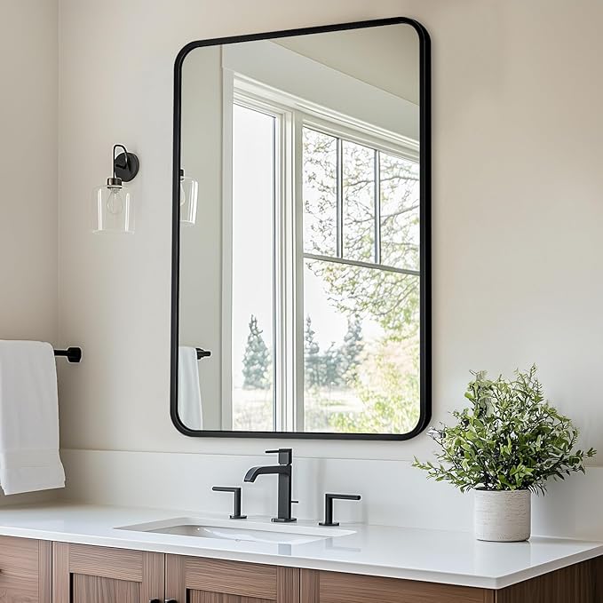 Antok Bathroom Mirror, 22"x30" Wall Mirror, Decorative Mirrors Vanity Mirror Aluminum Alloy Frame Contemporary Hanging Mirror for Living Room Bathroom Entryway, Black