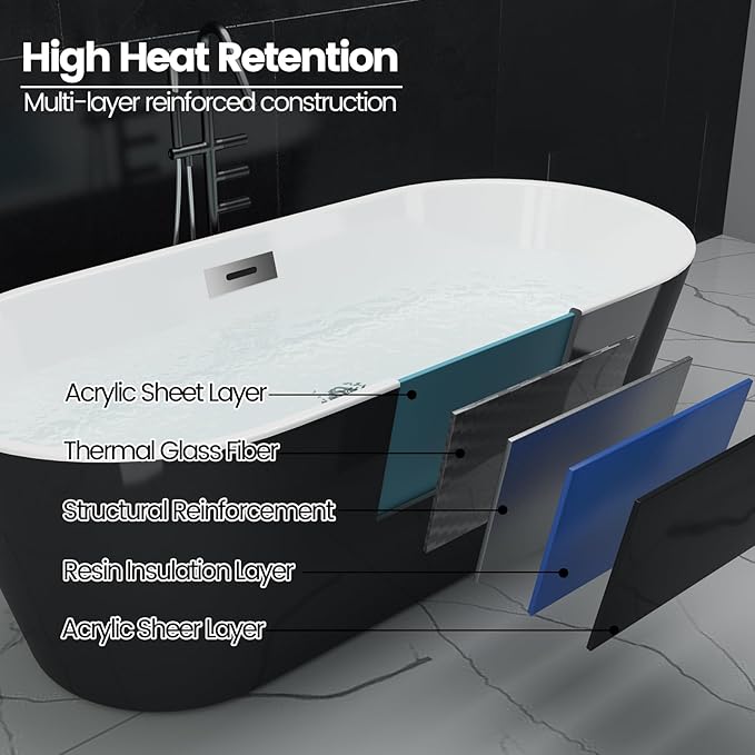 67" Freestanding Acrylic Bathtub, Modern Soaking Tub with Chrome Overflow & Drain, CUPC Certified, Deep Soaking Design for Luxurious Spa Experience, Contemporary Bathroom Centerpiece